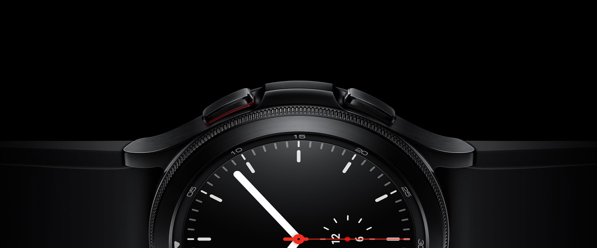 The half side of the watch face of a black Galaxy Watch4 Classic is prominently displayed, focusing on its bezel, materials, and simple watch face screen that is showing the time.