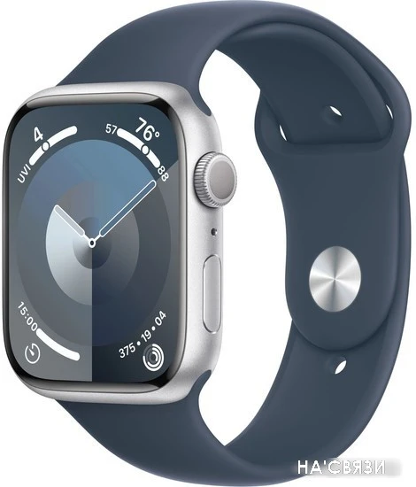 Умные часы Apple Watch Series 9 45 мм (алюминиевый корпус, серебристый/грозовой синий, спортивный силиконовый ремешок S/M) в интернет-магазине НА'СВЯЗИ