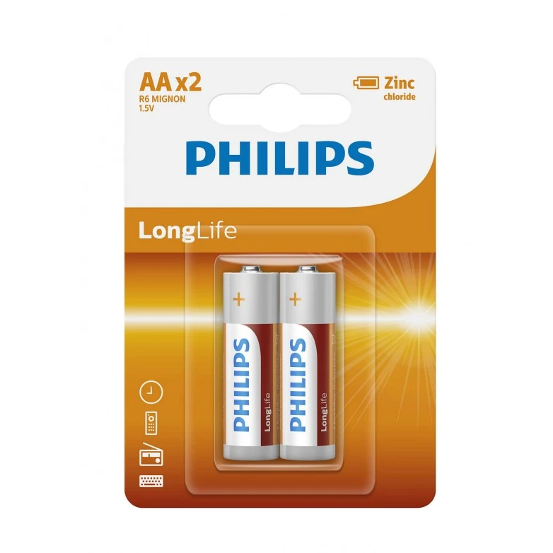 Элемент питания Philips Longlife Zinc AA 2шт. R6L2B/97 blister