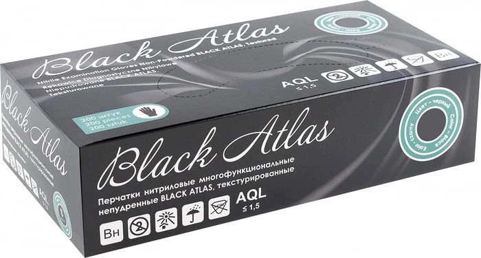 Нитриловые перчатки Black Atlas нитриловые неопудренные (S, 200 шт, черный)