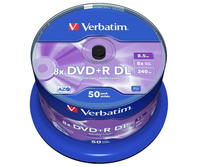 DVD-R DL диск Verbatim Double Layer DVD+R 8.5GB 8x AZO Matt Silver 50 шт. CakeBox
