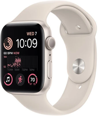 Умные часы Apple Watch SE 2 44 мм (алюминиевый корпус, звездный свет/звездный свет, спортивный силиконовый ремешок S/M)