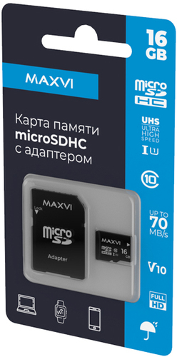 

Карта памяти Maxvi microSDHC 16GB Class 10 UHS-I (1) MSD16GBC10V10