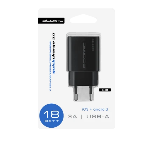 СЗУ Atomic U150 3A 18W (быстрая зарядка QC 3.0) USB-A, черный