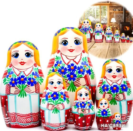 Развивающая игрушка Брестская Матрешка В белорусском национальном платье с орнаментом и букетом васильков (набор 7 шт)